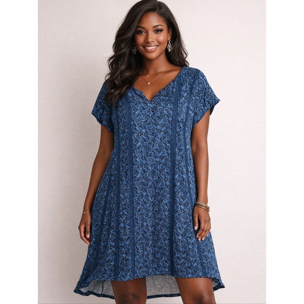 Women's Size Large Cotton Floral V-Neck Tunic dress Pockets Blue